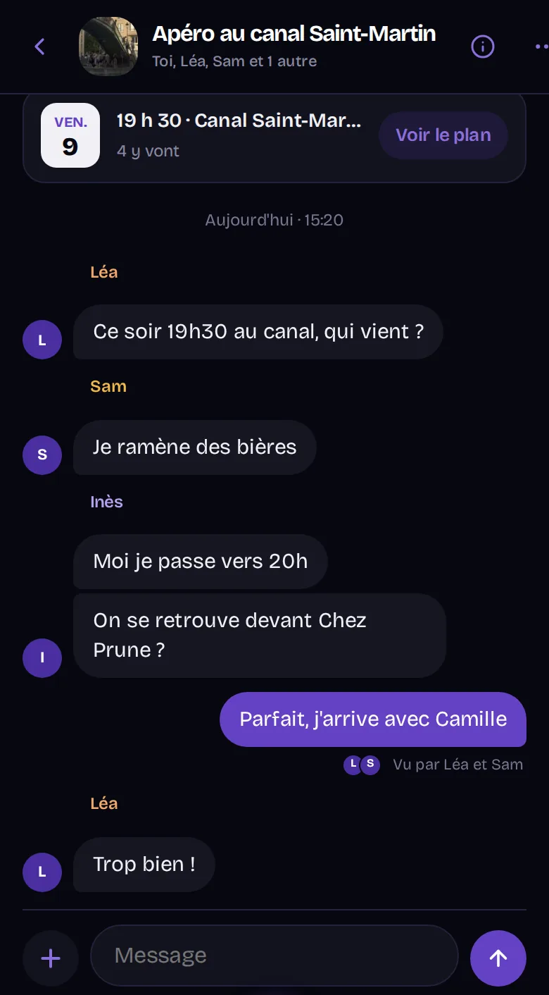 Le groupe de discussion d'un plan, avec le plan épinglé en haut